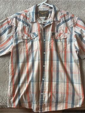 Howler Brothers Short-Sleeve Plaid Button-Up Shirt - Coral & Blue